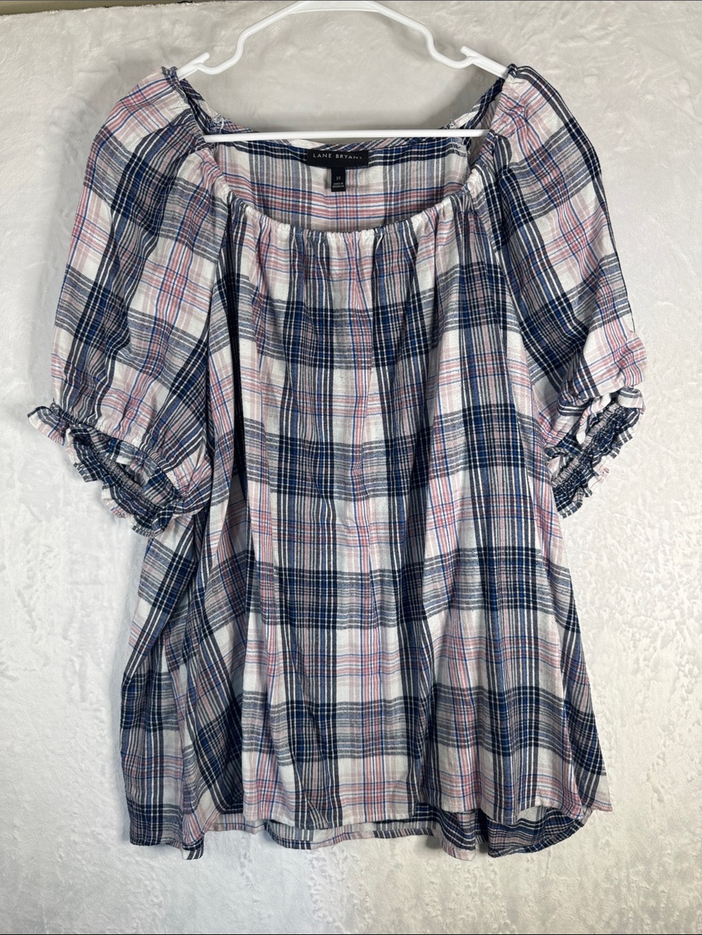 Lane Bryant Navy & Pink Plaid Flannel Peasant Blouse Size 22